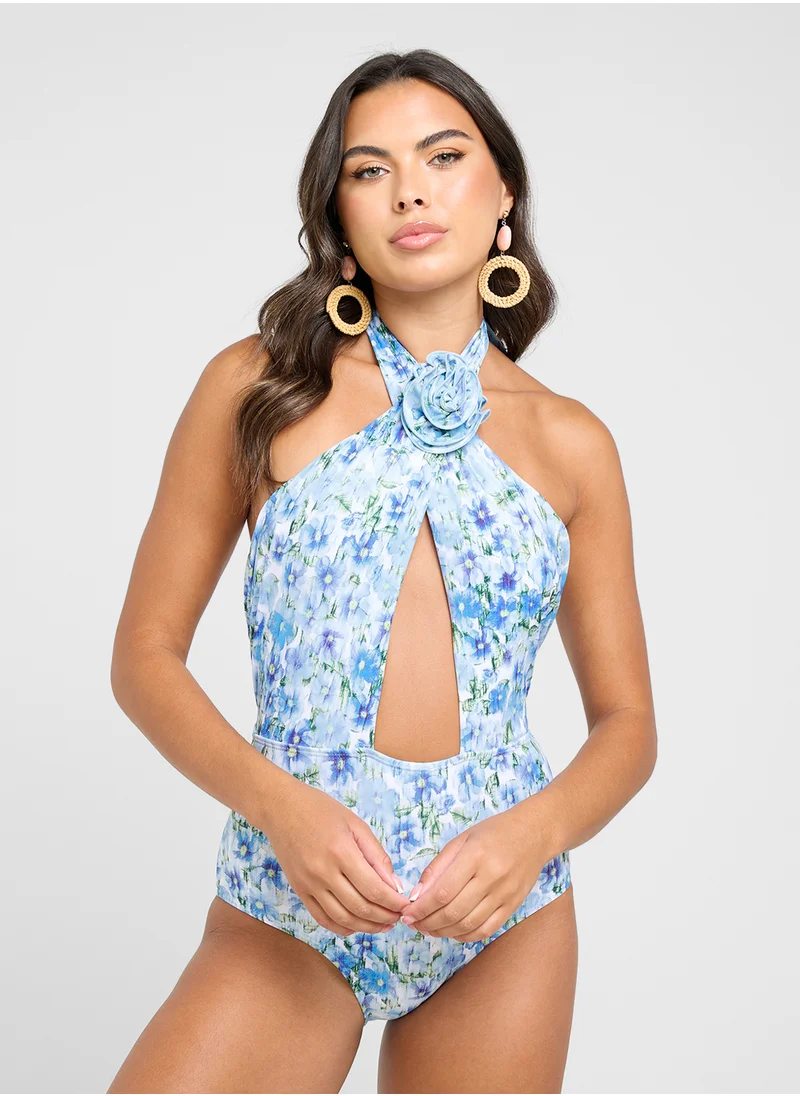 Ginger – Ginger Halter Neck Crosage Detail Ditsy Floral Swimsuit for Women | Best Price UAE