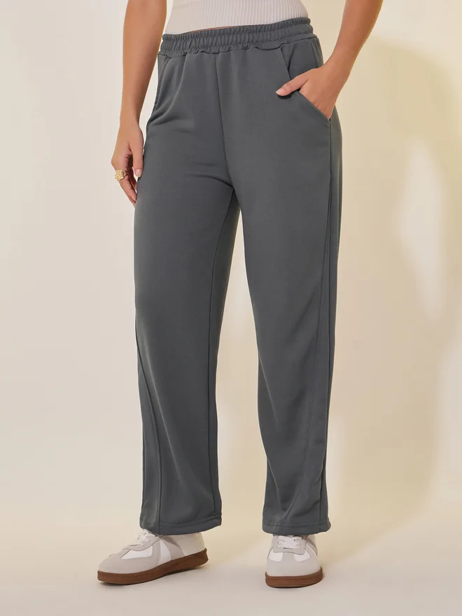 Take Two - Take Two Take Two Grey Solid Loose Wide Leg Pant for Women | Best Price UAE