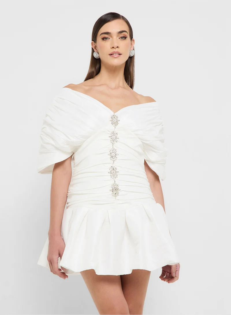 Ginger Boutique – Ginger Boutique eclat luxe off shoulder puff sleeves ruched dresss with bubble hem for Women | Best Price UAE
