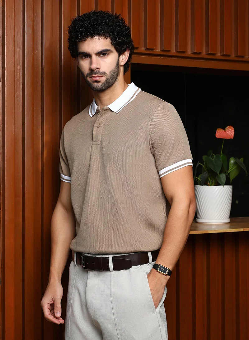 Campus Sutra – Campus Sutra Beige Campus Sutra Men’s Sand Beige Polo T-Shirt | Cuboid-Stripe Textured Casual Polo Neck for Men | Best Price UAE