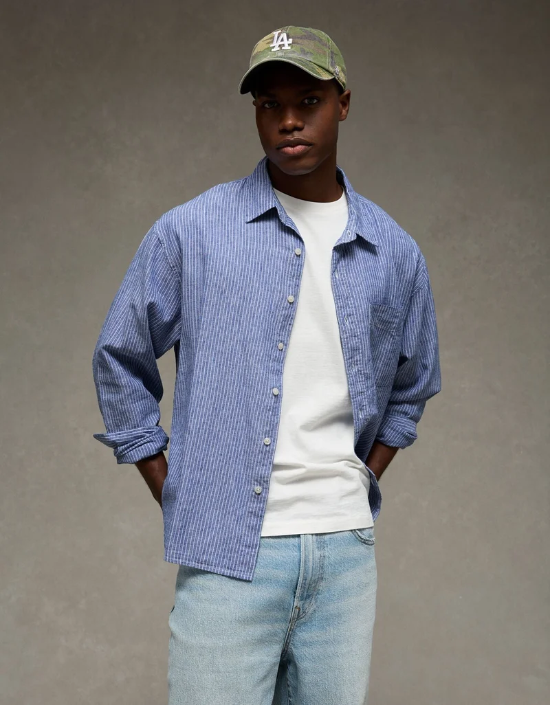 American Eagle – American Eagle AE Relaxed Linen-Blend Button-Up Shirt for Men | Best Price UAE
